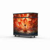 Curved front desk LED display with fiery flame artwork on a pure white background