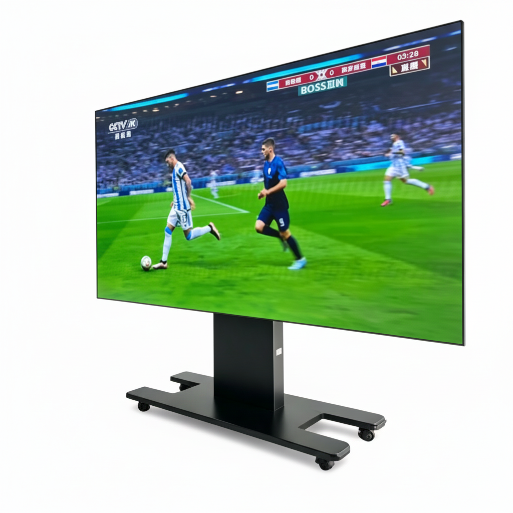LED TV on a black mobile floor stand showing a football match, on a pure white background